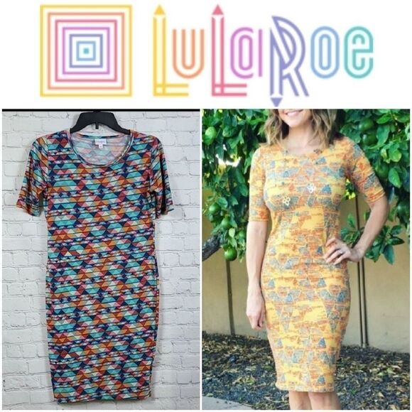 LuLaRoe Julia XS 2/4 Aztec Tribal Print Knee Length Stretch Fitted T-Shirt Dress - Picture 2 of 13